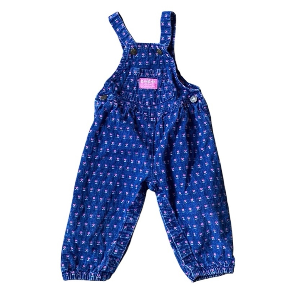 Vintage 90s OshKosh B’gosh Floral Denim Overalls Tulip Heart Print Toddler 24M